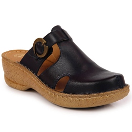 Skinntofflor på en kilblå Łukbut 666 marinblå