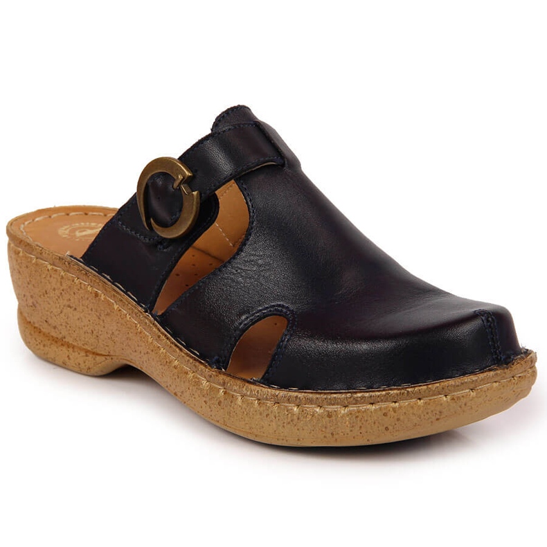 Skinntofflor på en kilblå Łukbut 666 marinblå