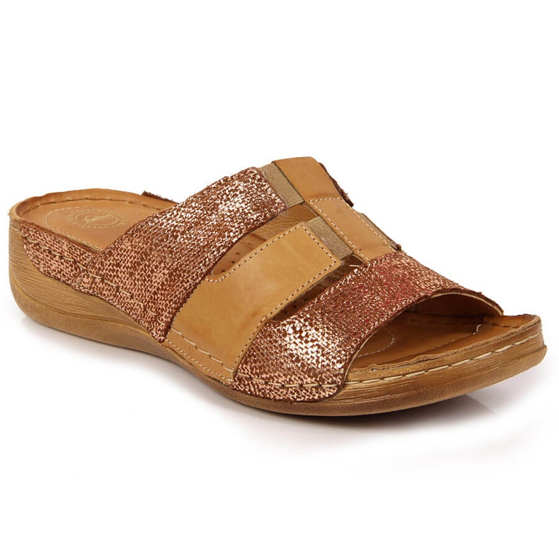 Lädertofflor i beige och guld med elastiska band Łukbut 1103 gyllene