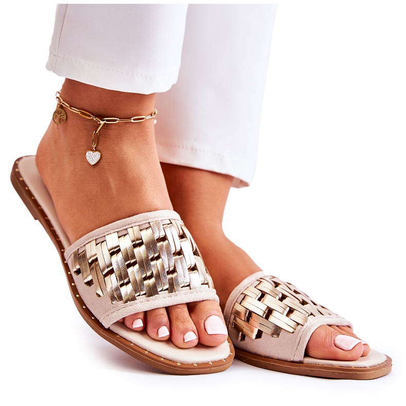 S.Barski Kvinnors lädertofflor på en platt klack Beige Hollis