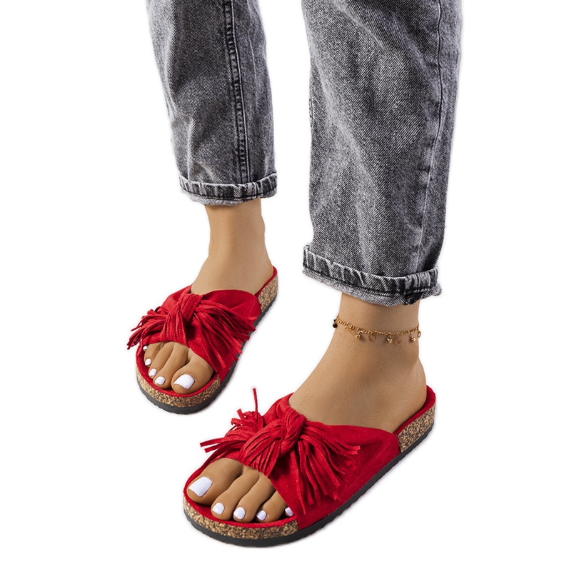 Röda tofflor med fransar för damer