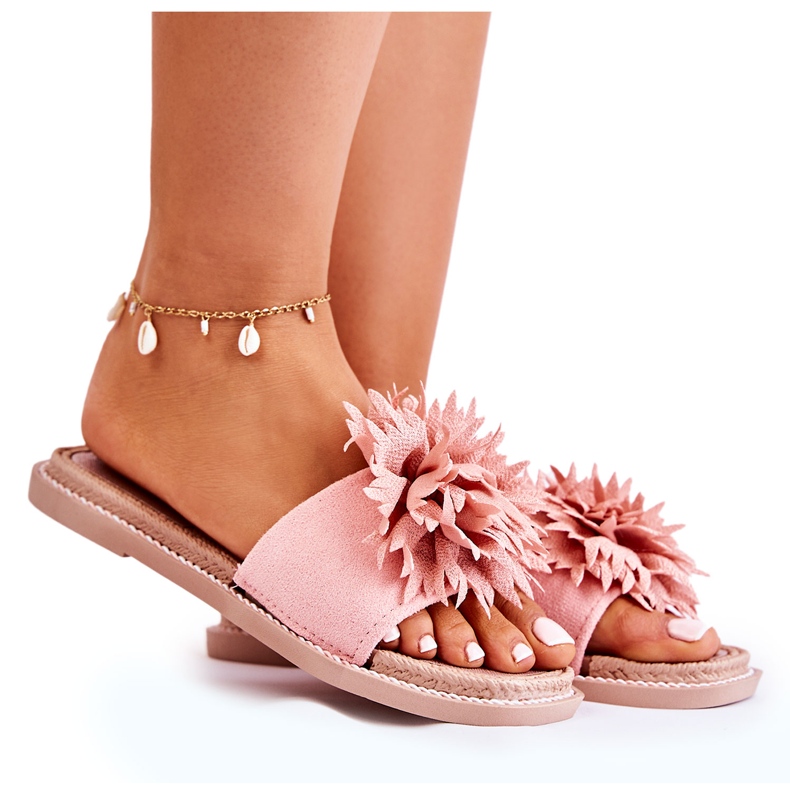 FJ1 Damtofflor i mocka med rosa Giorgia-dekoration