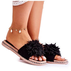 FJ1 Damtofflor i mocka med svart Giorgia-dekoration