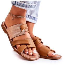 Bekväma lädertofflor för kvinnor Maciejka 05549-29 Brun gyllene