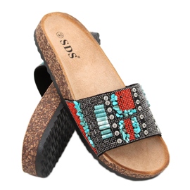 Taida Svarta korktofflor röd blå silver- mångfärgad