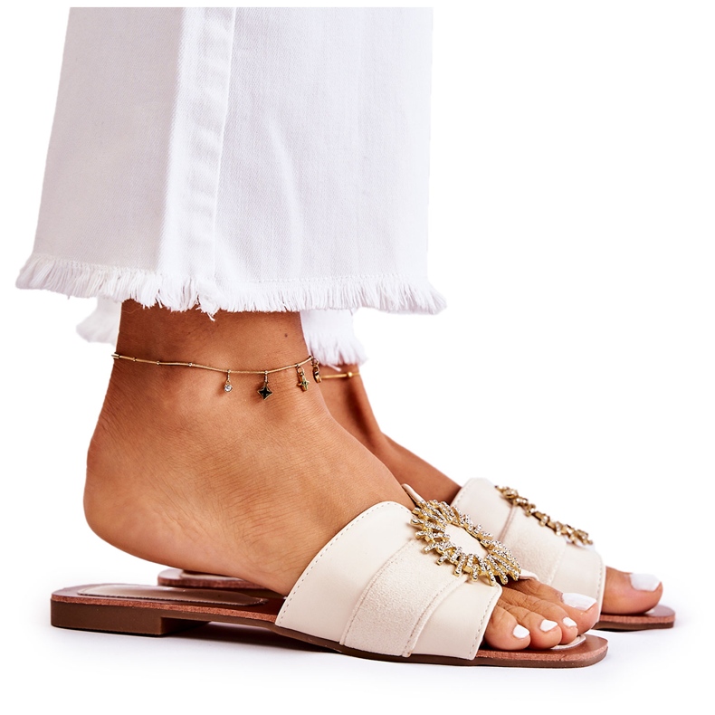 PS1 Bekväma damtofflor med ljusbeige ginera-dekoration