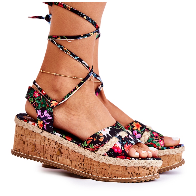 FS3 Knytna sandaler för kvinnor Espadrilles med svarta blommor Lamour mångfärgad