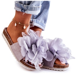 PS1 Damtofflor i mocka med dekorativa blommor, grå alimos