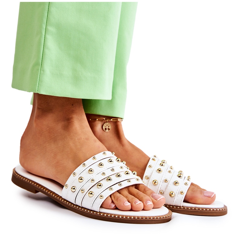 S.Barski Kvinnors skinntofflor med vit Brien-dekoration