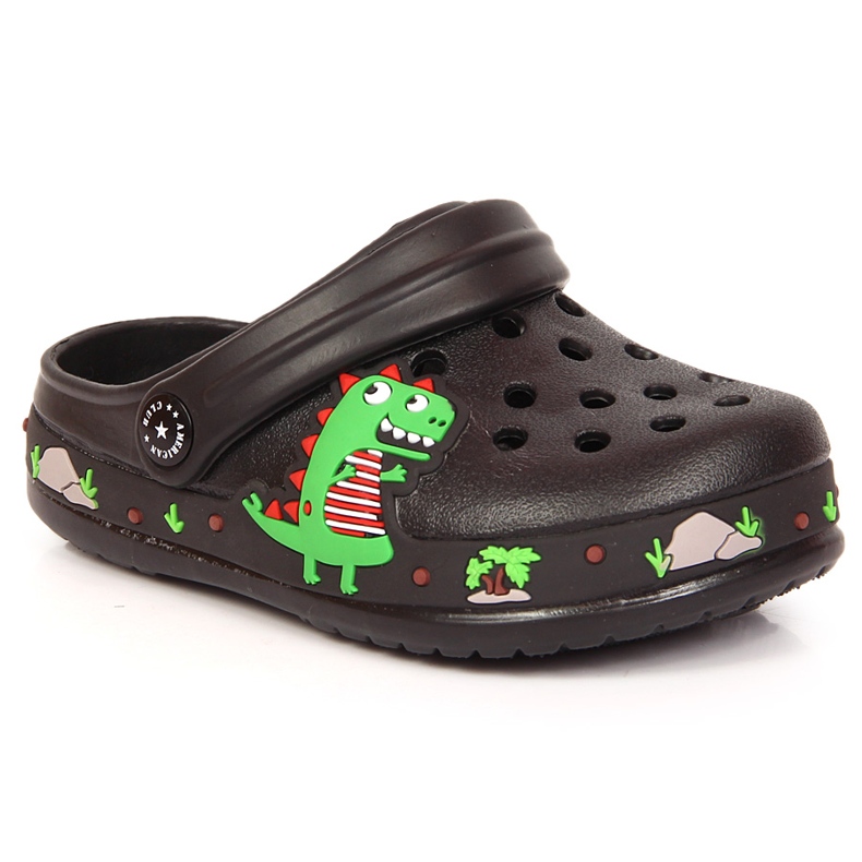 Svarta American Club Cokes tofflor med en dinosaurie