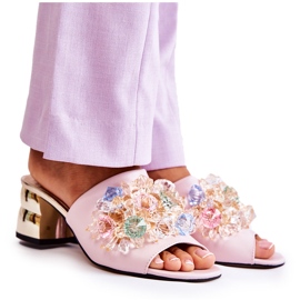 PA2 Lädertofflor för kvinnor på höga klackar med rosa Calinda-dekoration