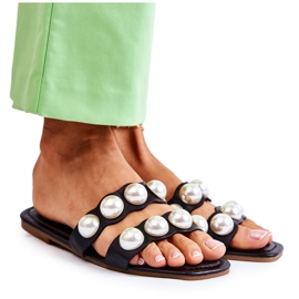 PG1 Skinntofflor för kvinnor med dekorativa pärlor Svart Lasello