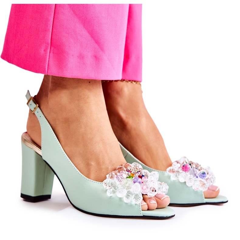 PA2 Fashionabla Läder Pumps-sandaler med grön Meriss-dekoration