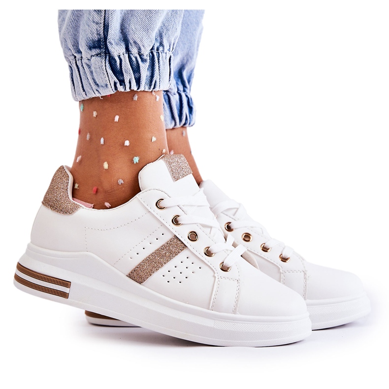 FK2 Sportskor för kvinnor, bundna vita Otylia gyllene