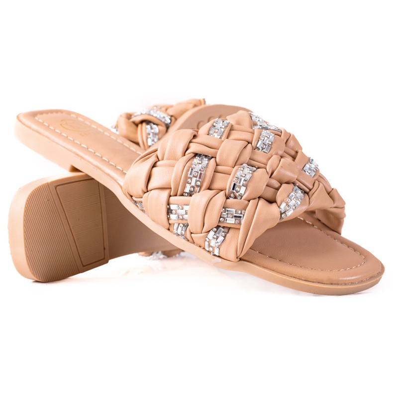 SHELOVET Flätade tofflor med kristaller beige silver-