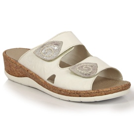 Vita Rieker V7151-80 lädertofflor för kvinnor med kardborrekilar