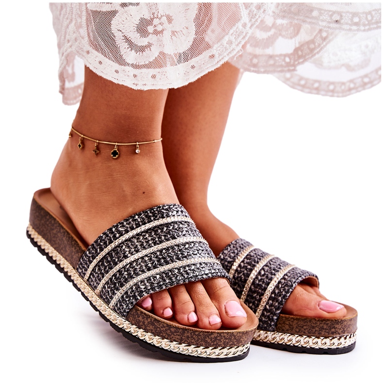 S.Barski Klassiska tofflor för kvinnor med kedja Black Maddy svart