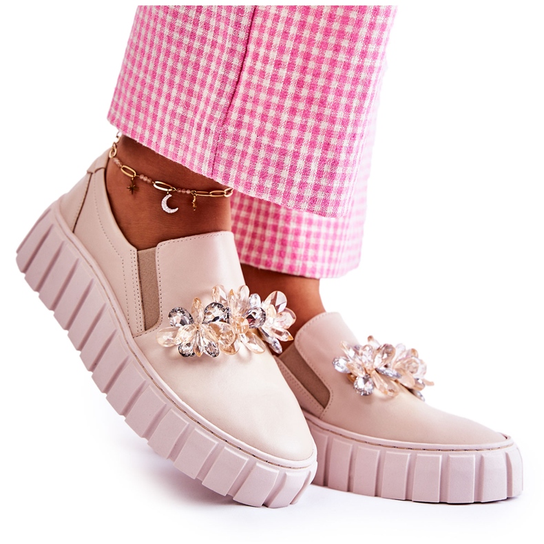 PA2 Slip-On Sneakers i läder för kvinnor med beige Mirana-dekoration