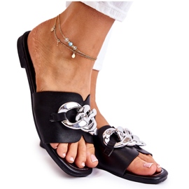 PG2 Skinntofflor för kvinnor med en dekorativ kedja Svart Maraia