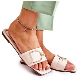 PG2 Klassiska lädertofflor för kvinnor med beige shilladekoration gyllene