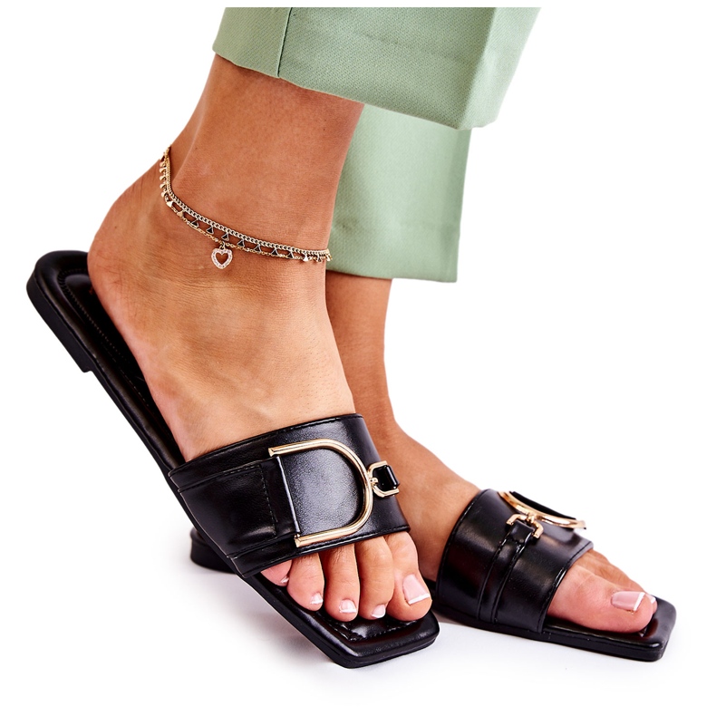 PG2 Klassiska lädertofflor för kvinnor med svart Shilla-dekoration