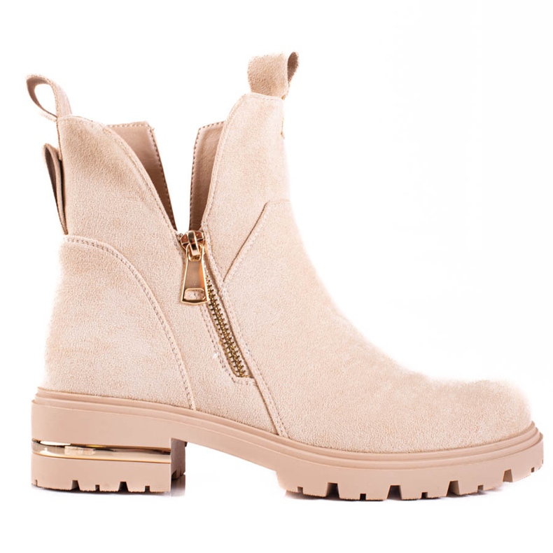 Shelovet låga stövlar för kvinnor med gyllene dragkedja, beige