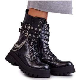 PG1 Höga Arbetarstövlar Med En Kedja Svart Orm Montero