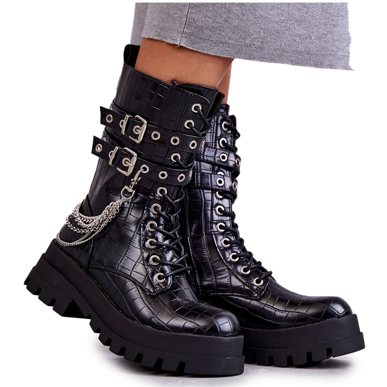 PG1 Höga Arbetarstövlar Med En Kedja Svart Orm Montero