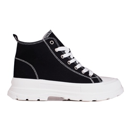 Svarta och vita damsneakers med hög snörning på Shelovet-plattformen