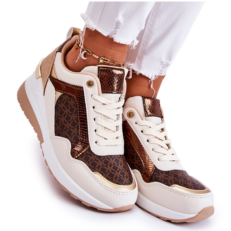 PG1 Damsportskor på en kil, ekologiskt läder, vit-brun Catrine beige gyllene