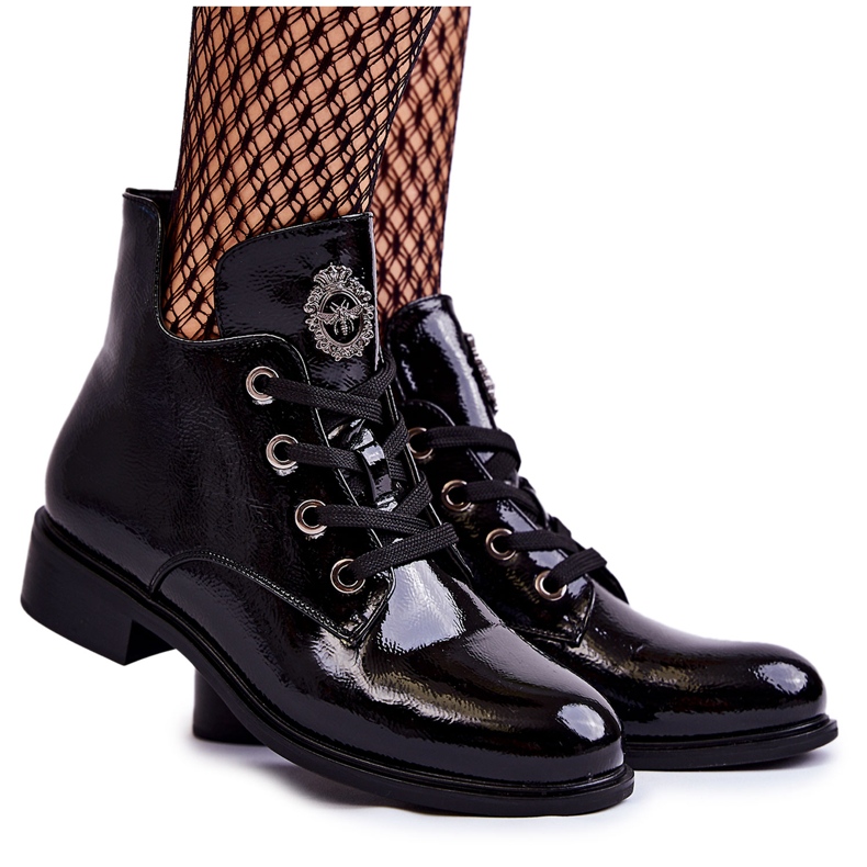 S.Barski Lackade Svarta Varmsnörade Stövlar Enrica