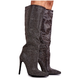 FS1 Fashionabla Svarta Stövlar På Hög Klack Med Cubic Zirconia Lovisa silver-