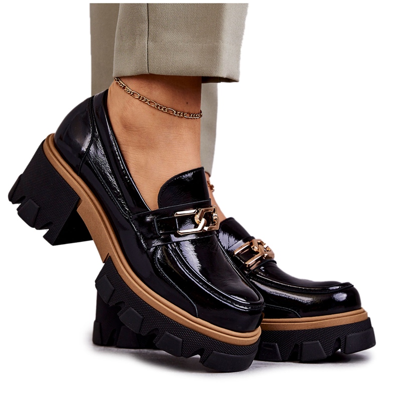 PL5 Lackade högklackade klackar med guldprydnad Svarta lurdar