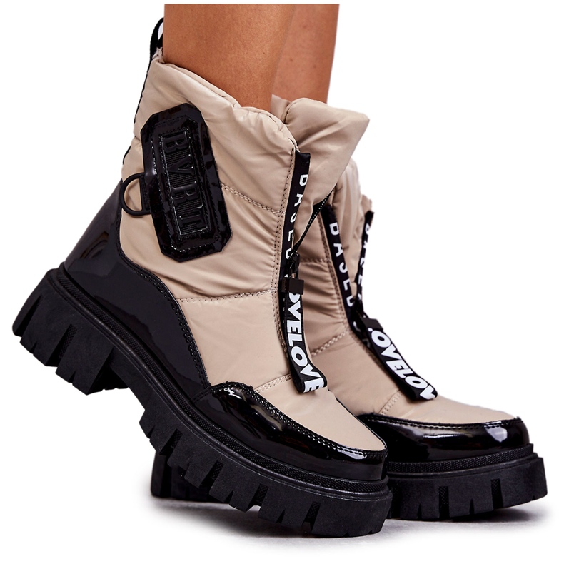 PM1 Beige och svarta varma snöstövlar för kvinnor med dragkedja Marit