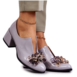 PA2 Lackade Läder Släta Skor Med Mörk Dekoration Grå Delaver