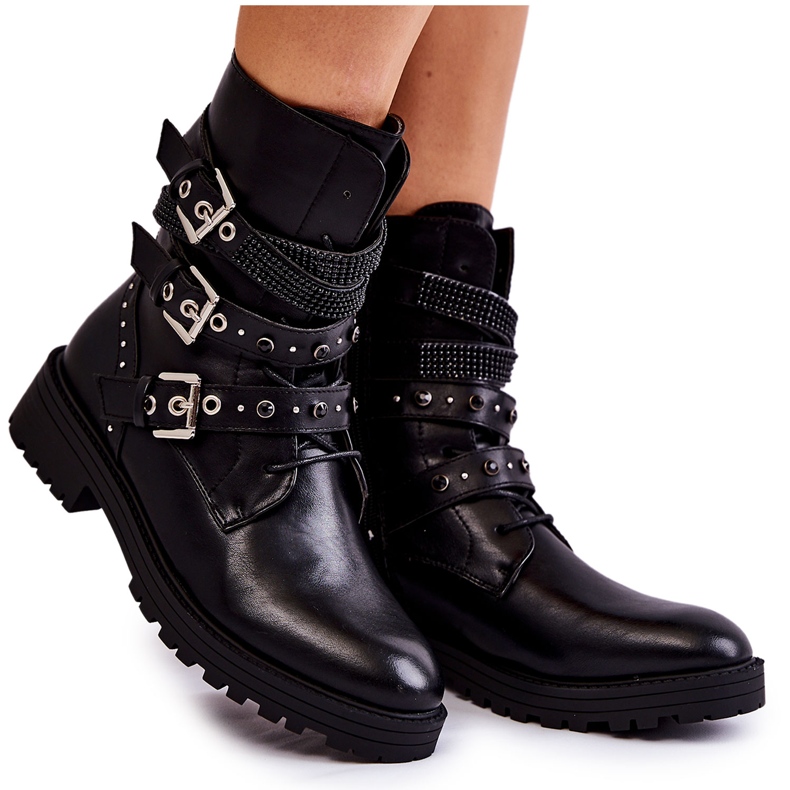 PG1 Kvinnors varma stövlar med remsor Vanligt svart Lambert