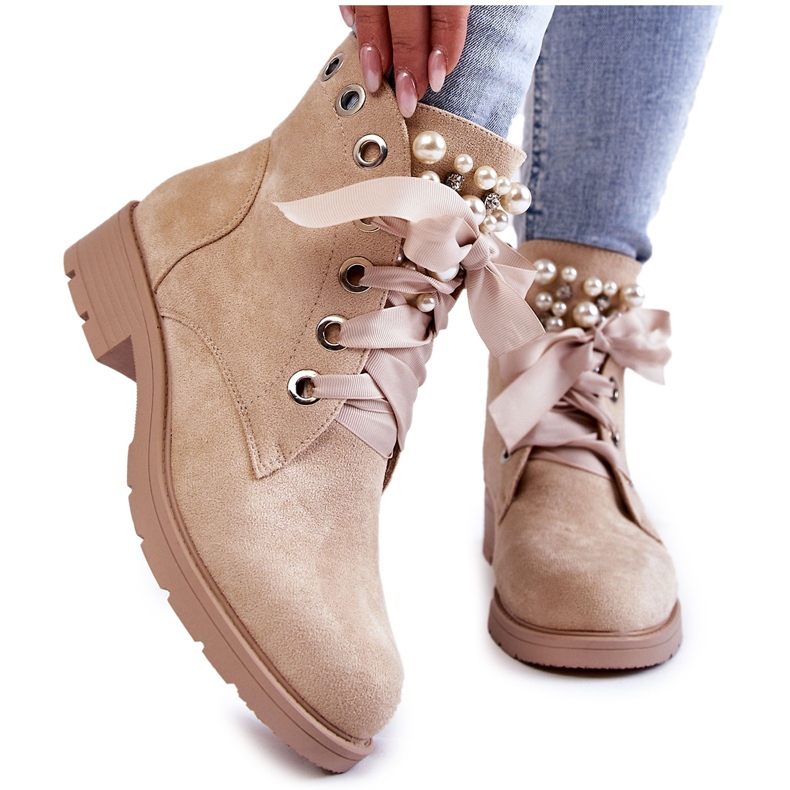 FB2 Mocka Warm Boots Med Dragkedja Med Pärlor Beige Raiso