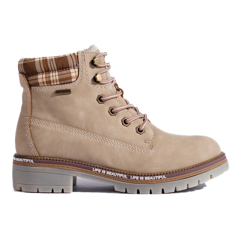 Dam Shelovet beige vandringskängor gjorda av ekologiskt läder brun