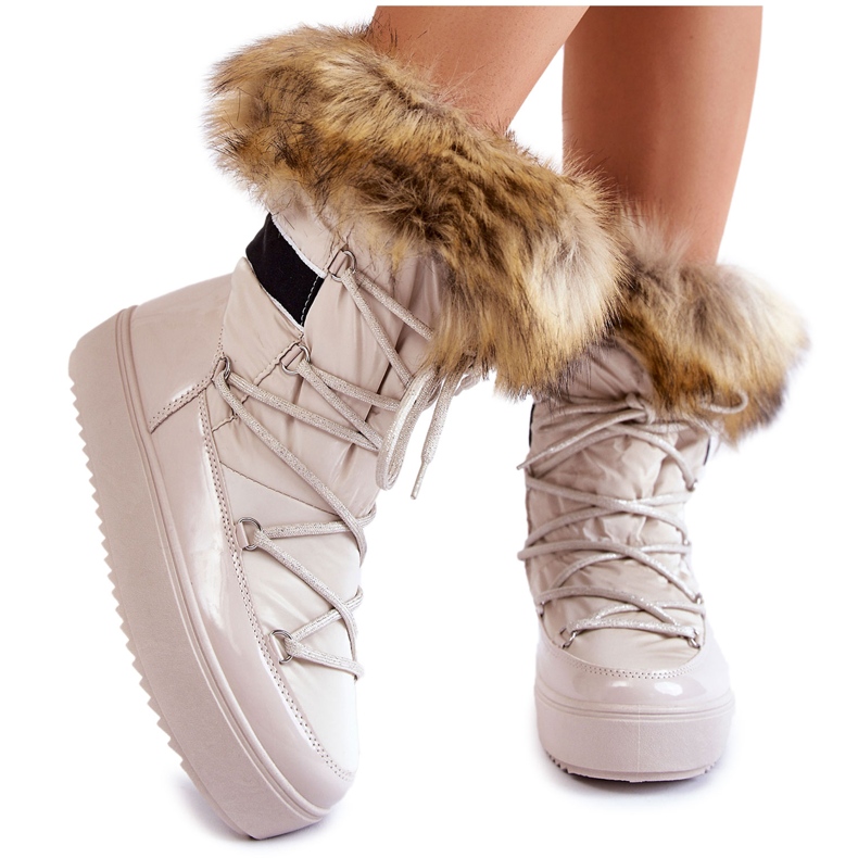 Beige Shannon Snöskor med snörning för kvinnor med päls