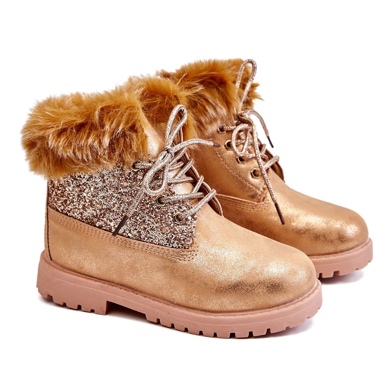FR1 Barns glansiga Trapper Boots Varma Gyllene Brema