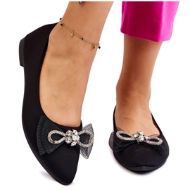 PS1 Spetsiga ballerinor för kvinnor med en dekorativ rosett Svart lysande