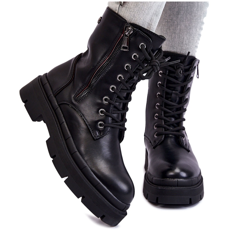 PG1 Dam Läder Lace Up Trapper Boots Svart Shanna