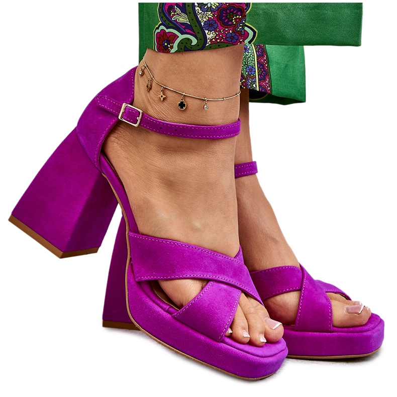 Lewski Shoes Damsandaler med hög klack i mocka Leski Skor 3221 Fuchsia rosa