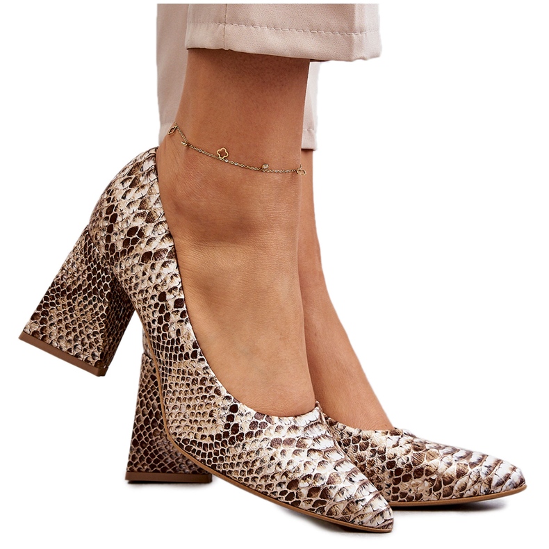 Lewski Shoes Läder Pumps Med Snake Mönster Vänster Skor 3277 Beige-Guld gyllene