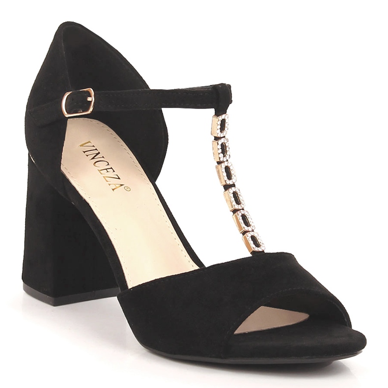 Svarta mockasandaler för kvinnor på en stolpe med zirkoner Vinceza 20195