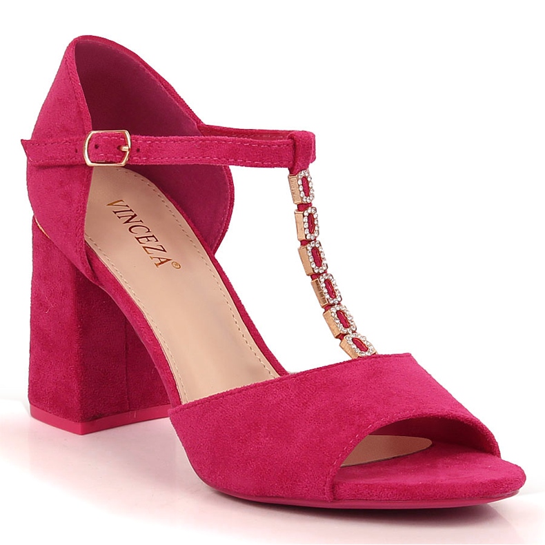 Damsandaler i mocka på stolpen med fuchsia zirkoner Vinceza 20195 rosa