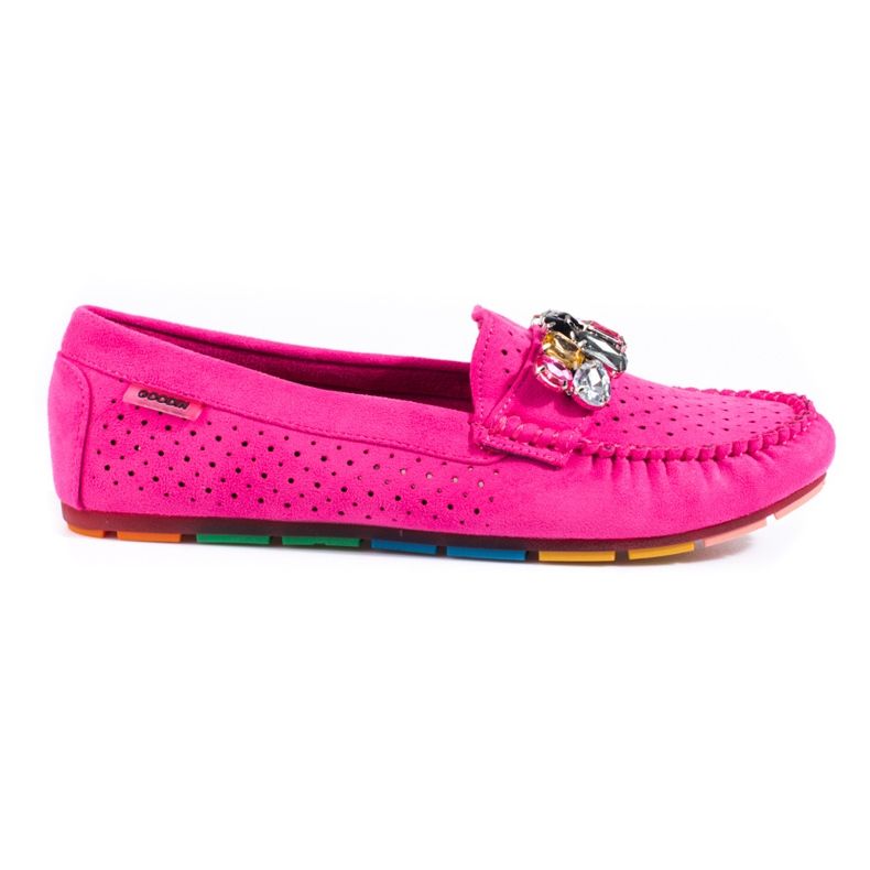 Rosa kvinnors genombrutna loafers med kristaller Shelovet mocka