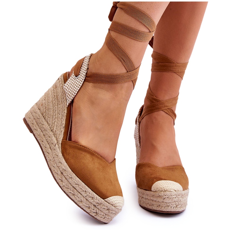 Camel Lendy Lace Up High Wedge Sandaler brun