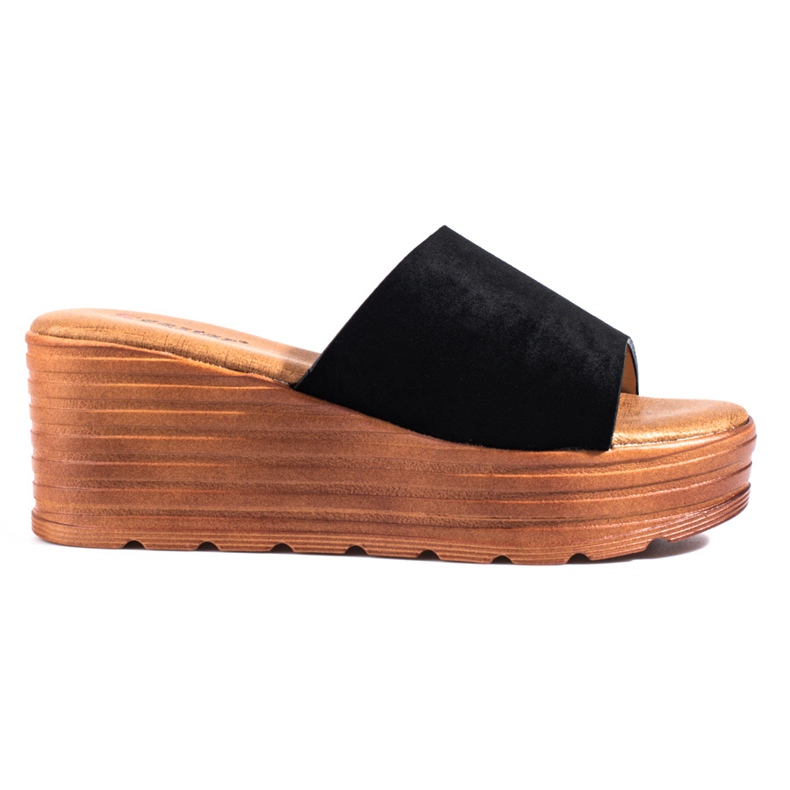 Svarta Shelovet-tofflor i mocka med kil för kvinnor