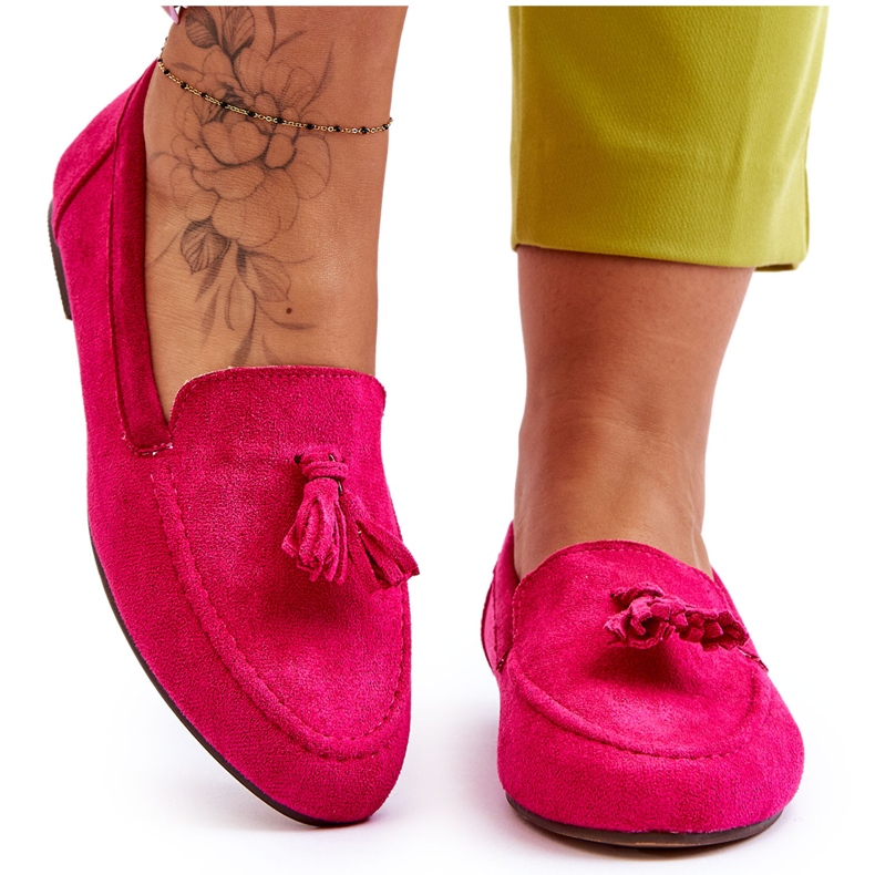 Klassiska loafers i mocka med fransar Fuchsia Averil rosa